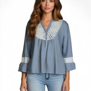 Anthropologie Ember Blue 3/4 Sleeve Boho V-Neck Blouse White Lace size medium